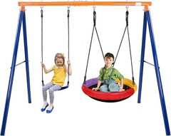 A-Frame Swing Set 500lbs Metal Kids 2in1 Saucer Belt