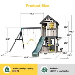 Large Wood Kid Swing Set Slide,Rock Wall,PlayKitchen Backyard Outdoor Playground