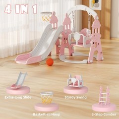 YUFU 4-in-1 Toddler Slide and Swing Set, Kids with Climber, Pink