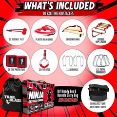 Ninja Warrior Obstacle Course for Kids – 50Ft Slackline with 8 Obstacles, Monkey