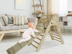 Pikler Triangle Ladder with Ramp and Slide, Wooden Foldable 2-in-1 Climber