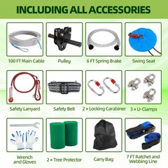 100FT Zipline for Backyard Kids and Adults Up to 400 lbs-Outdoor Zip Line Pulley