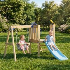Outsunny Wooden Swing Set with Slide, Baby Swing Seat, Fort for 1.5-4 Years