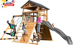Endeavor Cedar Wood Swing Set with Wave Slide Play Deck Double Rock Wall Rope
