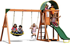 BACKYARD WOODEN SWING SET W/ 2-PERSON SAUCER SWING 6′ SLIDE PLAYGROUND FORT