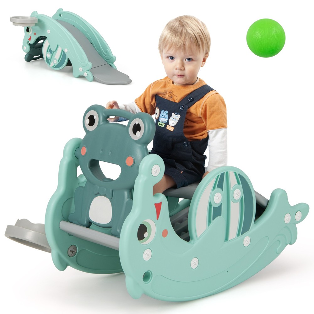 3-in-1 Kids Slide Rocking Horse Set w/ 2-Step Climbing Ladder, Convertible Slide