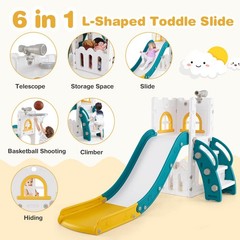6 in 1 L-shaped Toddle Slide for Toddlers Age 1-3 Baby Slide w/ Basketball Hoop