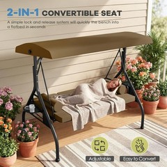 3 Seat Outdoor Porch Swing Chair, Adjustable Canopy Swing Bench, Convertible