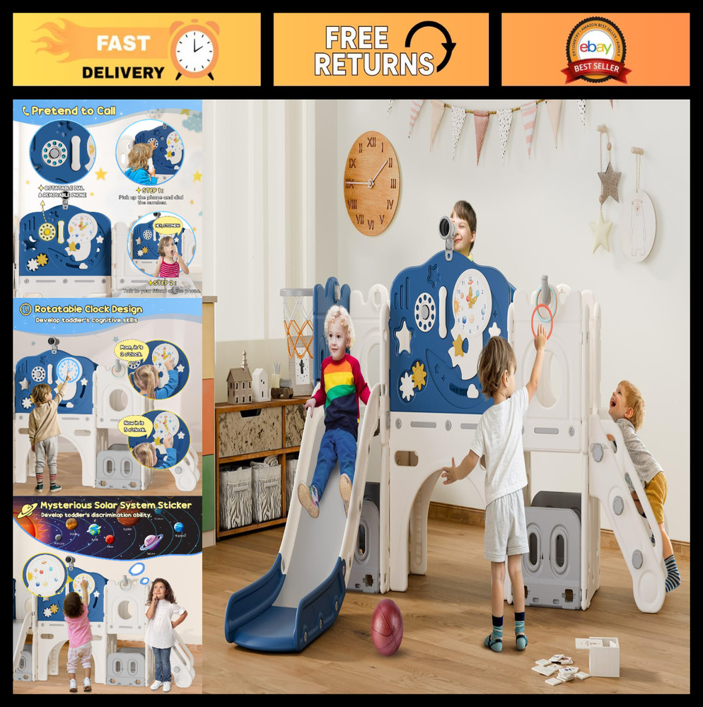 12-in-1 Toddler Slide Playset – Astronaut Theme, Basketball Hoop & Ring Toss, Ag
