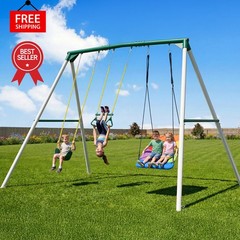 Hapfan 700lb 9.5′ Tall Heavy Duty Metal Swing Set with 3 Swings Outdoor Swingset