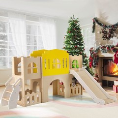 7-in-1 Toddler Slide Set Wooden Castle-Shaped Entertainment Activity Center