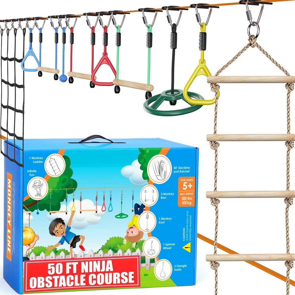 Hyponix Ninja Warrior Obstacle Course for Kids – 2 x 50 ft Slackline with 10 …