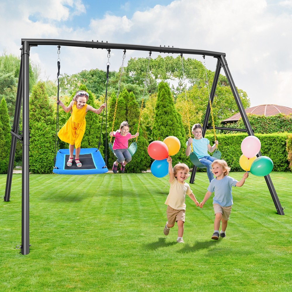 600lbs 3 Seat Metal Swing Set with Platform Swing Seat Heavy Duty A-Frame Stand