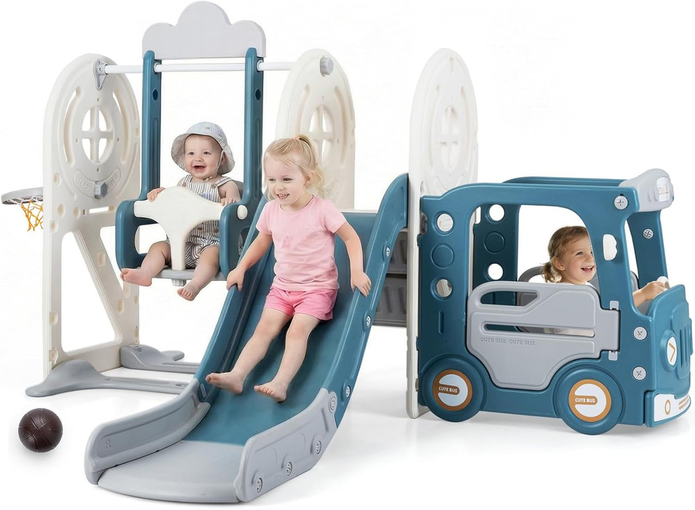 Toddler Slide and Swing Set, 5 in 1 Bus Themed Baby Slide with Climber Basketbal