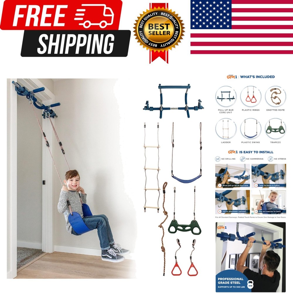 6-Piece Doorway Gym Indoor Playground – 6-Piece, Blue – Indoor Playset with S…