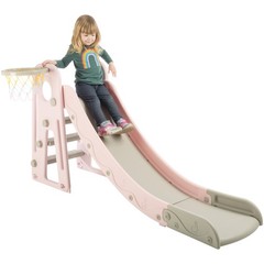 Toddler Slide with Basketball Hoop and Ball for Kids Age 3 and Up Playset, Pink