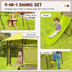 4-in-1 Kids Outdoor Metal Playset with Covered Playhouse Fort, Slide & Ladder