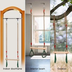 Playground Children’s Wooden Trapeze Swing Bar with Plastic Gym Rings Swing S…