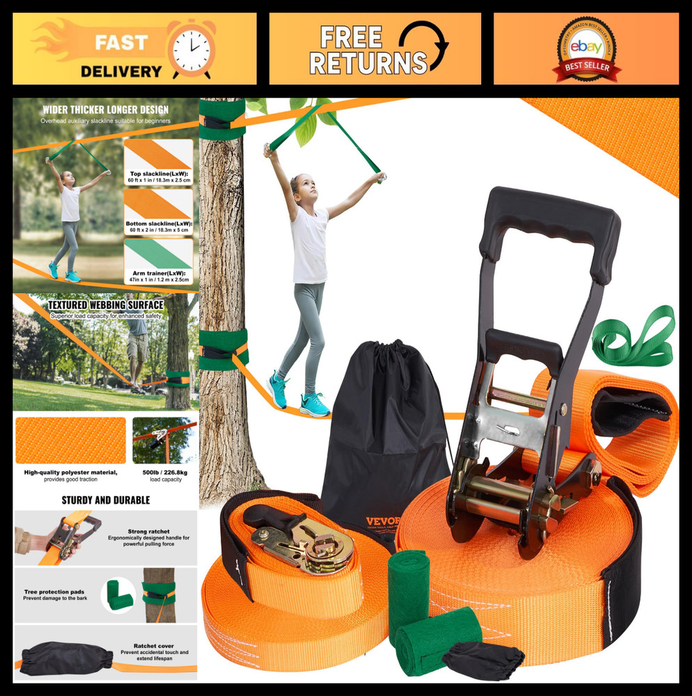 60ft Slackline Kit with Training Line – Easy Setup Tight Rope for Kids & Adults,