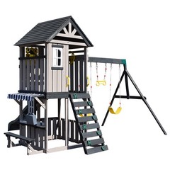 Large Wood Kid Swing Set Slide,Rock Wall,PlayKitchen Backyard Outdoor Playground