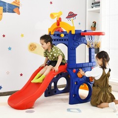 Costway 6-in-1 Freestanding Kids Slide w/ Basketball Hoop Play Climber Slide Set