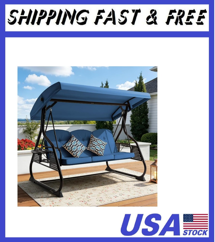 3 Seat Outdoor Porch Patio Swing with Adjustable Canopy& Backrest,Outdoor
