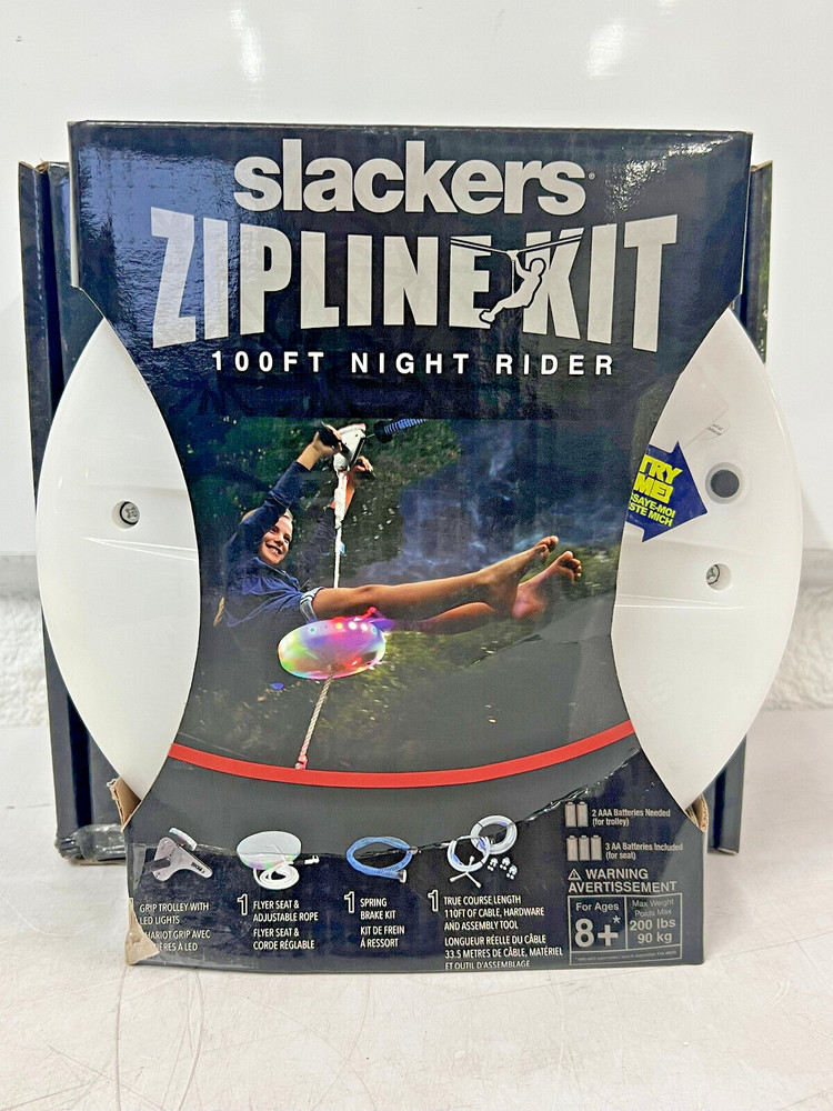 Slackers 100 ft Night Rider Zip Line COMPLETE Kit w/ Light Up Seat 200 lb Limit