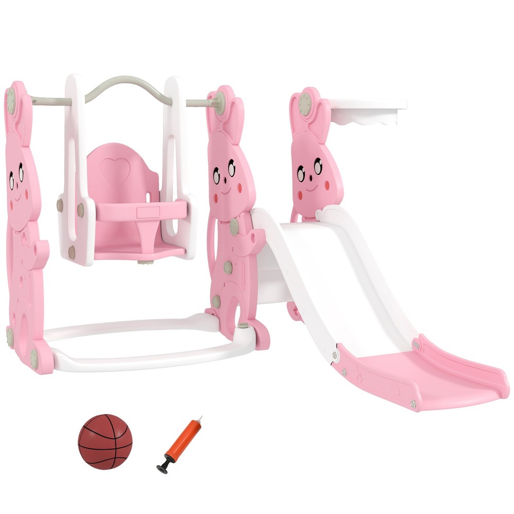 Qaba 4 in 1 Toddler Slide and Swing Set w/ Climber, Basketball Hoop, Pink
