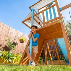 Teamson Kids Laguna Wooden Swing Set with Slide & Rock Wall