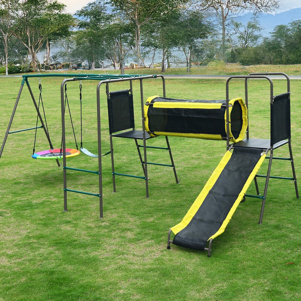 6 in 1 Metal Swing Set with Saucer Swing, Belt Swings, Climbing Ladder and Slide