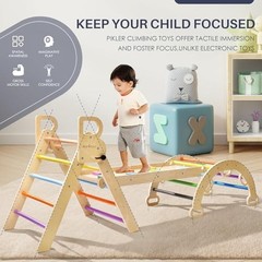 Pikler Triangle Set, Foldable Wooden Toddler Climbing Toys No Cushion Rainbow