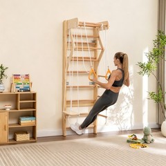 6-in-1 Swedish Ladder Wall Gym, Wooden Indoor Playground w/ Swing, Slide, Rings