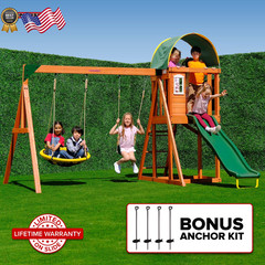 WOODEN SWING SET W/ 2-PERSON SAUCER SWING 6′ SLIDE PLAYGROUND NEW