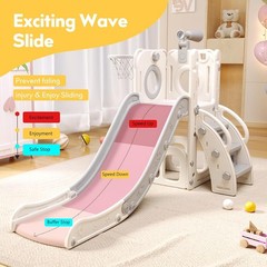 Gray 6 in 1 Toddler Playset w/ Hoop Ball Ring Toss Kids Playground Slide Outdoor