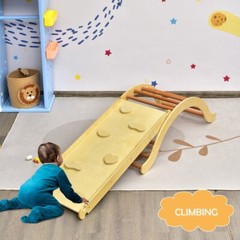 3-in-1 Kids Climber Ladder Wooden Arch Rocker board W/ Sliding & Climbing Ramp