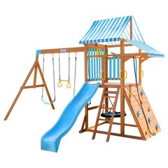 Teamson Kids Laguna Wooden Swing Set with Slide & Rock Wall