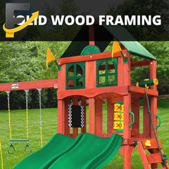 Wooden Swing Set with Vinyl Canopy Roof Dual Wave Slides Playsets 01-1057