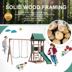 4-in-1 Cedar Swing Set: Slide, Rock Wall & Soft Cushion Swings for Backyard