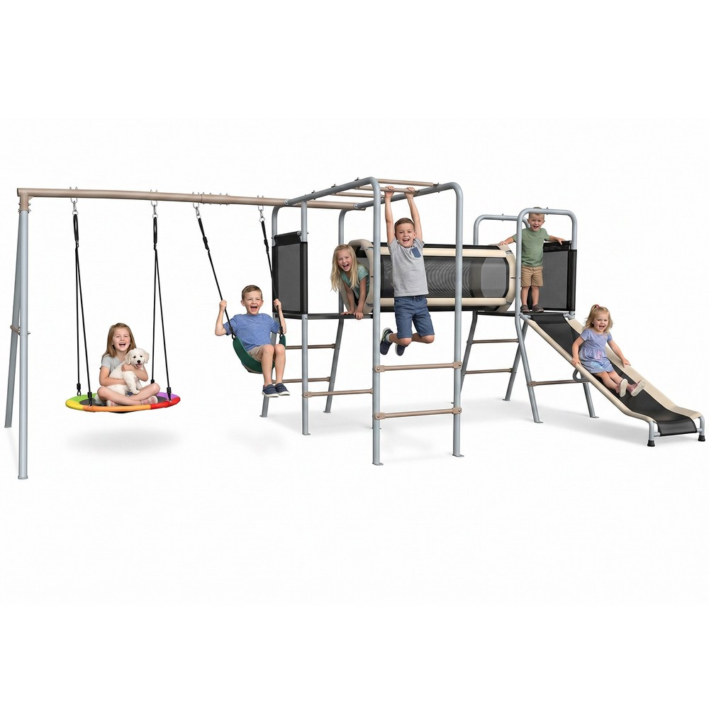 Heavy-Duty Metal Swing Set for Kids Backyard w/2 Swings Outdoor Play Swing Sets