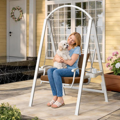 Heavy-Duty Porch Swing with Stand, Adjustable Chains, Removable Cushion, White