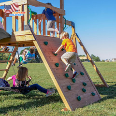 Cedar Wood Swing Set with Wave Slide Play Deck Double Rock Wall Rope Ladder NEW