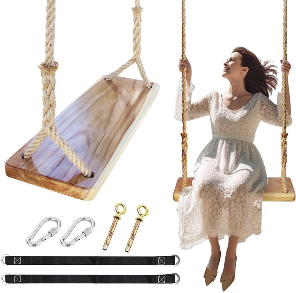 Wooden tree swing adjustable rope straps 500lbs load for indoor outdoor