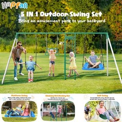 Heavy Duty Metal Swing Set Playground Set for Backyard w/Monkey Bar Climbing Net