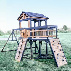 Timber Crossing Swing Set – Cedar Wood Outdoor Playset, Rock Wall, Slide, Swings