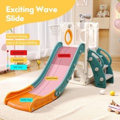 6 in 1 Toddler Playset with Hoop Ball Kids Playground Slide Outdoor Orange