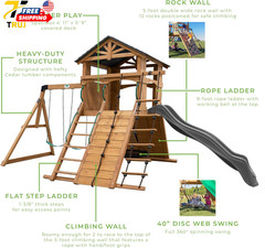 Endeavor Cedar Wood Swing Set with Wave Slide Play Deck Double Rock Wall Rope