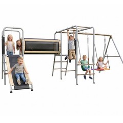 Swing Set with Monkey Bars, Crawl Tunnel & Slide Weather-Resistant Metal Playset