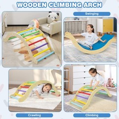 HONEY JOY Wooden Ladder Arch for Climbing, 3 in 1 Kids Climber Ladder & Rocker B