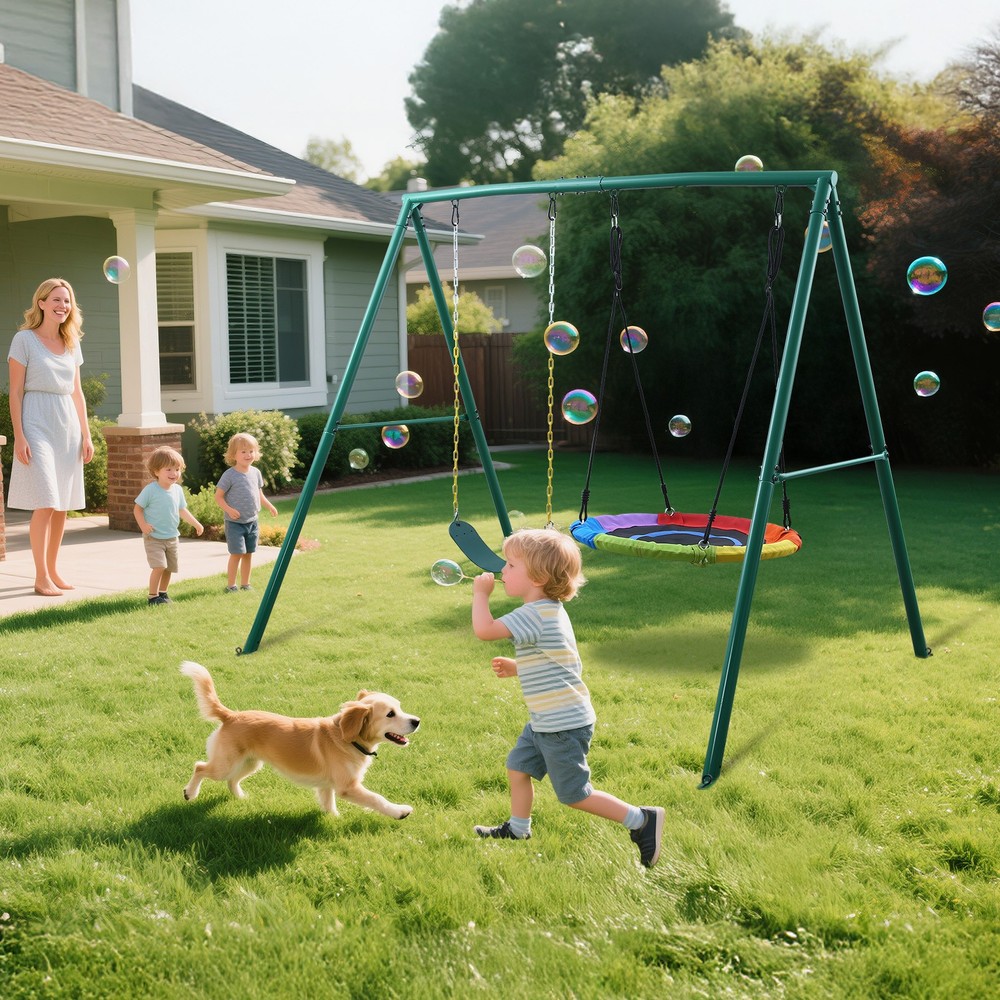 440lb 2 Seats Metal Swing Set Backyard Heavy-Duty Playset Kids Adults Swing Set