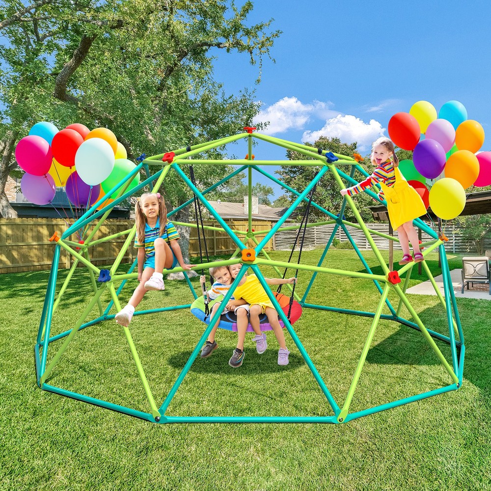 10ft Climbing Dome with Saucer Swing Outdoor Kids Backyard Swing Set Anti-Rust